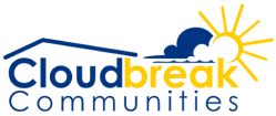 Cloudbreak Communities logo with blue text "Cloud" under a house roof, yellow "break", and blue cloud with a yellow sun.