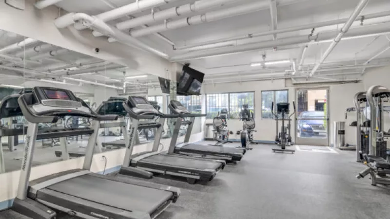 Modern gym with rows of treadmills, exercise bikes, and weight machines, bright and clean.