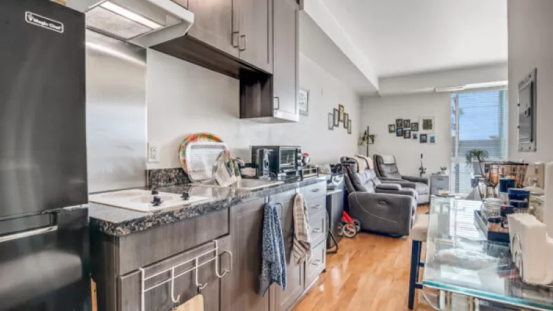 Modern kitchen with dark cabinets and stainless steel appliances, open to a living room with wood floors.