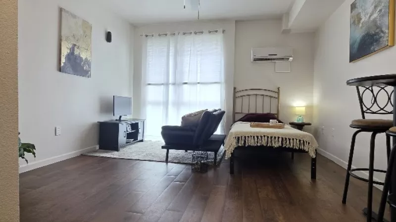 Bright studio apartment features hardwood floors, a living area with a TV and couch, a bed, and a kitchen counter with stools.