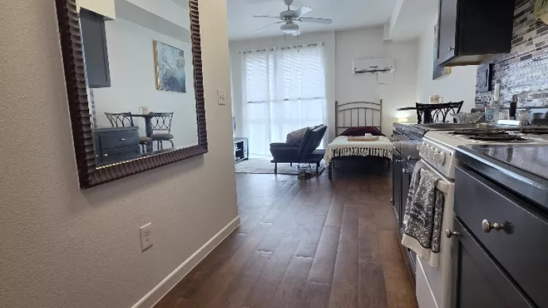Modern studio apartment interior with dark wood floor. A large mirror is on the left, kitchen on the right, and bed by a window.