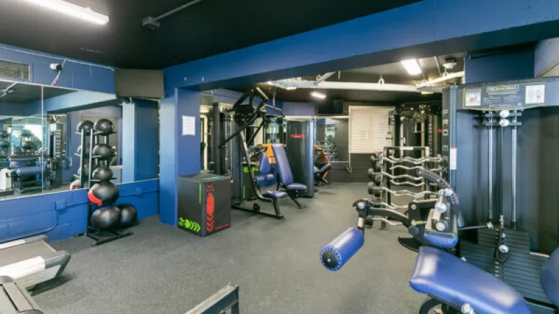 Modern fitness center with dark blue walls, black ceiling, and a variety of cardio and strength training equipment.