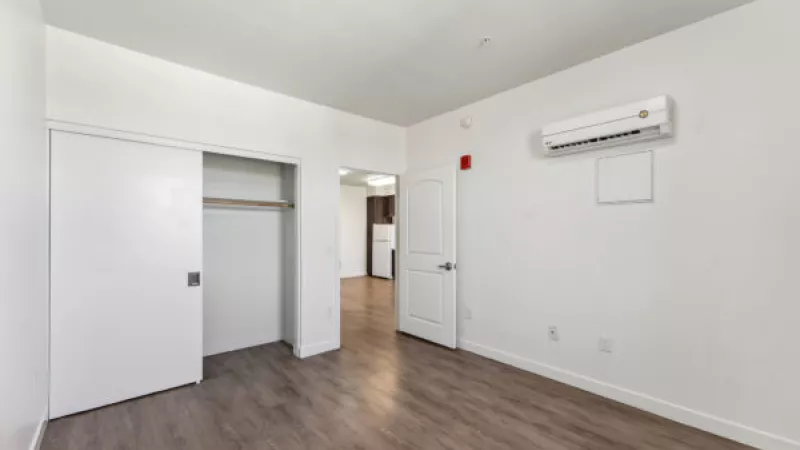 Empty room with white walls, wood-look floor, open closet, and a wall-mounted AC unit.