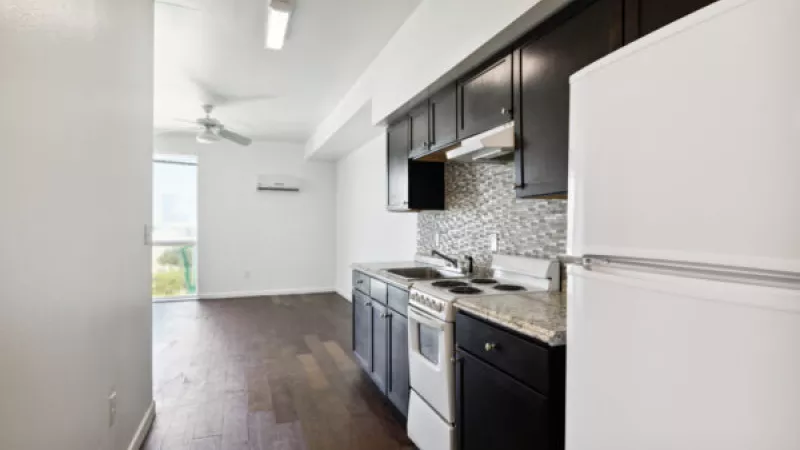 Studio apartment with a dark-cabinet kitchen, white appliances, wood floor, and bright living area with a large window.