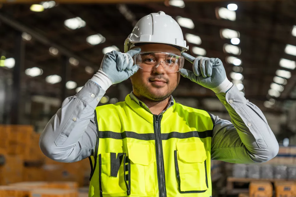 Man in a white hard hat and yellow safety vest, adjusting clear glasses and smiling in a warehouse.