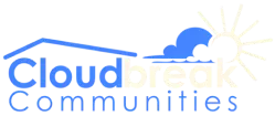 Cloudbreak Communities logo. Blue text "Cloud" with a roofline, light yellow "break" with a blue cloud and sun, and blue "Communities".